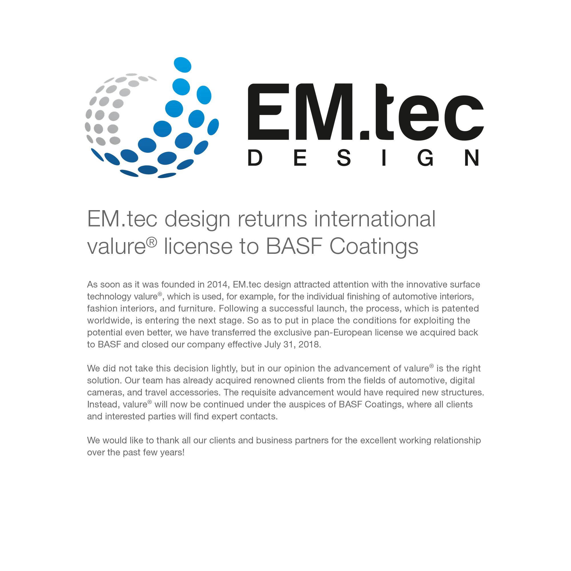 EM.tec design returns international valure® licence to BASF Coatings.